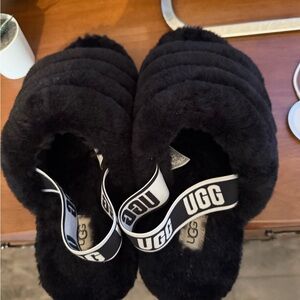 UGG Black Fluffy Slippers